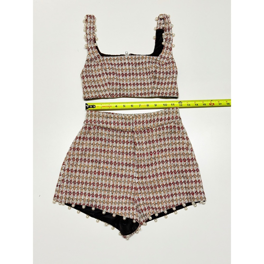 Lovers + Friends Tweed Pearl Trim 2 Piece Set Crop Top Shorts Multi XXS